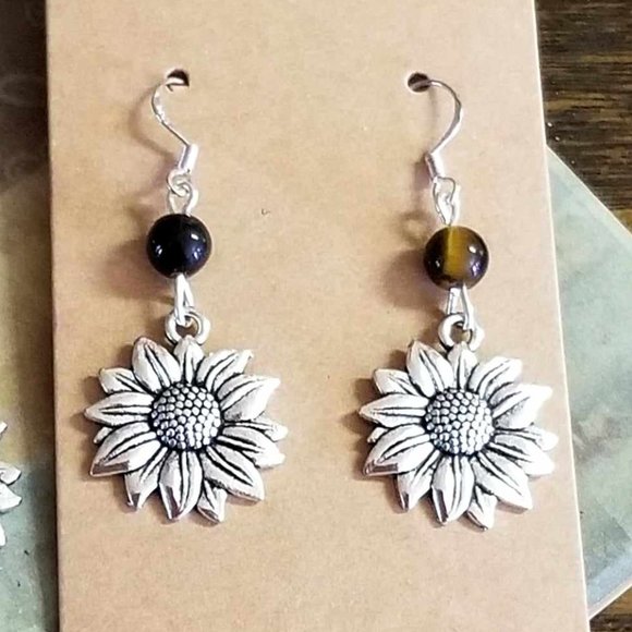 Sunflower Jewelry Set Tigers Eye Sunflower Necklace Silver Sunflower Earrings - Picture 2 of 5